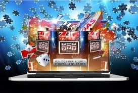 Ilustrasi mesin judi slot online dengan simbol menarik dan pencahayaan dinamis